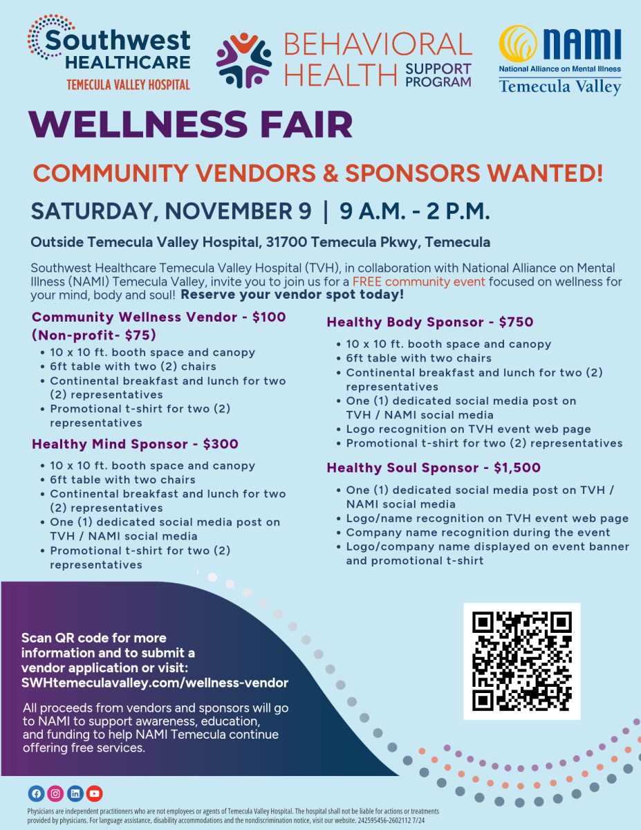 wellness fair flyer, on saturday nov. 9 from 9 am to 2 pm outside temecula valley hospital