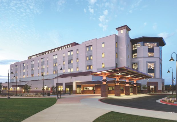 Exterior of Temecula Valley Hospital in the evening
