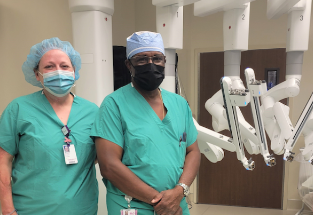 Janelle Skjervem, Director of Perioperative Services, and Dr. Francis A. Essien, General and Robotic Surgery, welcome the arrival of the da Vinci Xi Surgical System