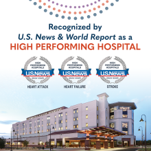 Exterior shot of Temecula hospital with US news week badges for heart attack, heart failure, and stroke super imposed over the facility. 