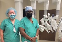 Janelle Skjervem, Director of Perioperative Services, and Dr. Francis A. Essien, General and Robotic Surgery, welcome the arrival of the da Vinci Xi Surgical System