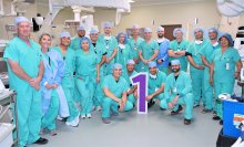 Surgical team who performed first watchman procedure at temecula valley hospital poses smiling for the camera