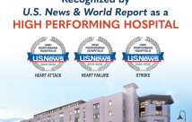 Exterior shot of Temecula hospital with US news week badges for heart attack, heart failure, and stroke super imposed over the facility.